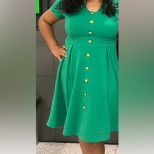 Green dress, mid length, size 14, gold buttons